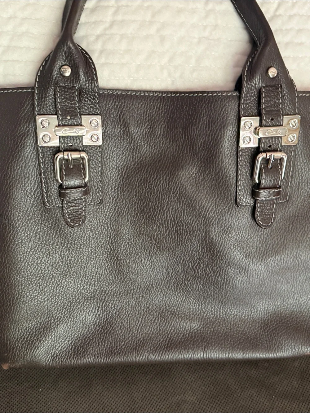 Classic Dark Brown Leather Tote Bag with Silver Hardware